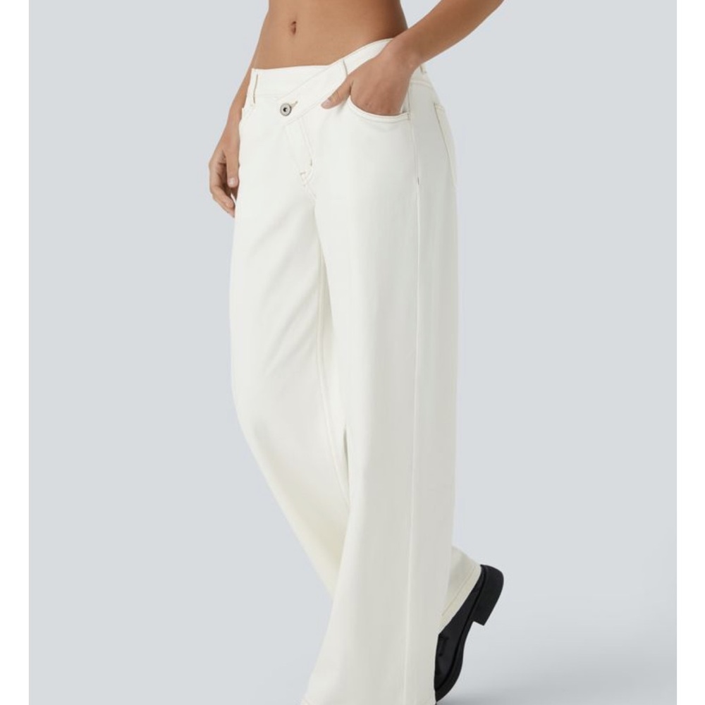 Halara off white asymmetrical low rise waist soft denim wide leg jeans, new - Picture 3 of 9